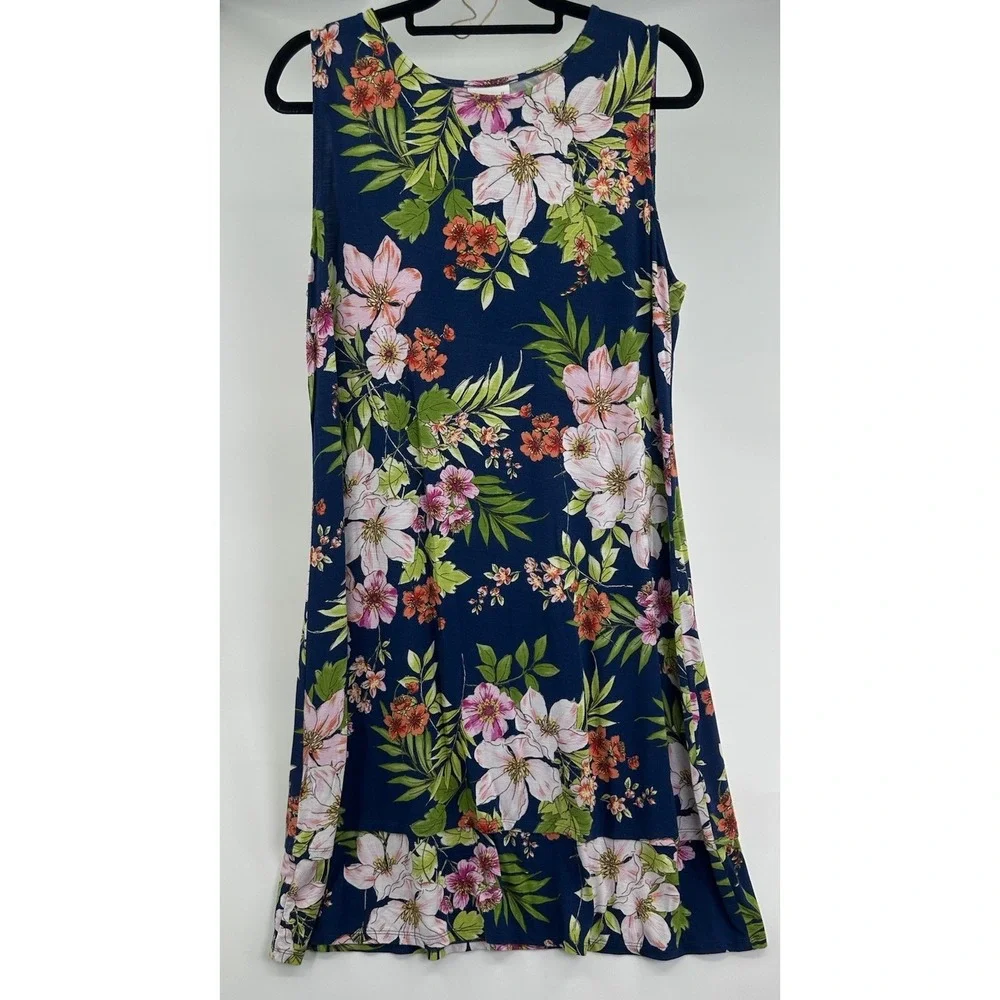 J. Jill Blue Floral Tank Sleeveless Shift Dress Size L Tropical Casual Women - Picture 1 of 9